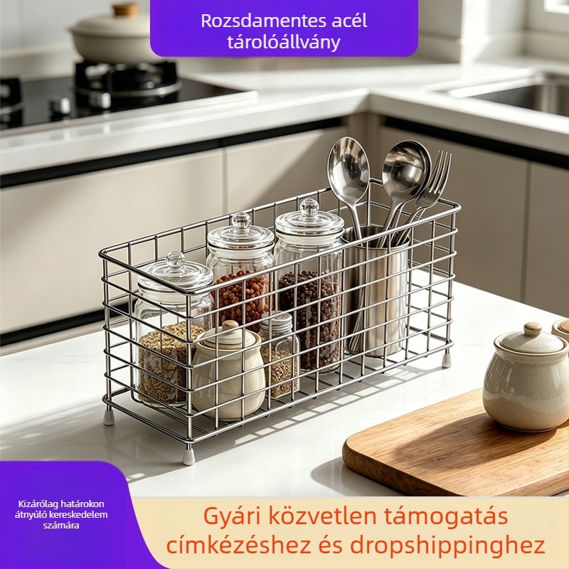 Rozsdamentes acél konyhai tárolókosár, asztali rendező kozmetikumokhoz és apróságokhoz