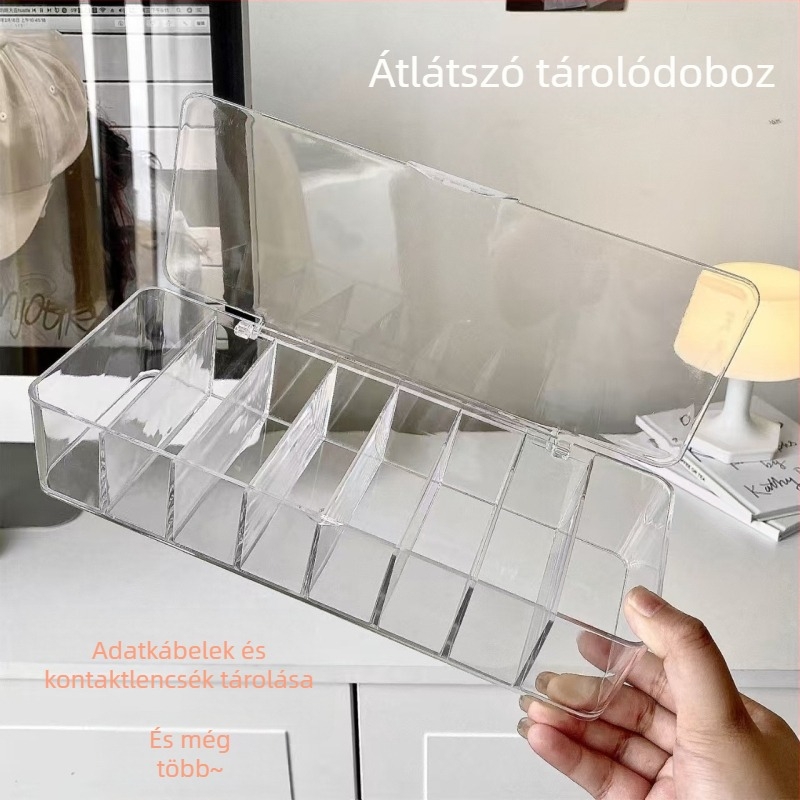 Asztali tárolóbox kábelek és kontaktlencsék számára, rekeszekkel és fedéllel, átlátszó ékszertároló