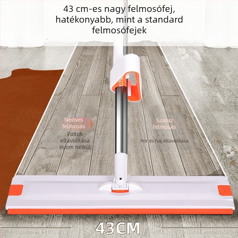 Forgó fejű lapmop teleszkópos rozsdamentes acél nyéllel, nagy fej 43 cm, mikroszálas párna