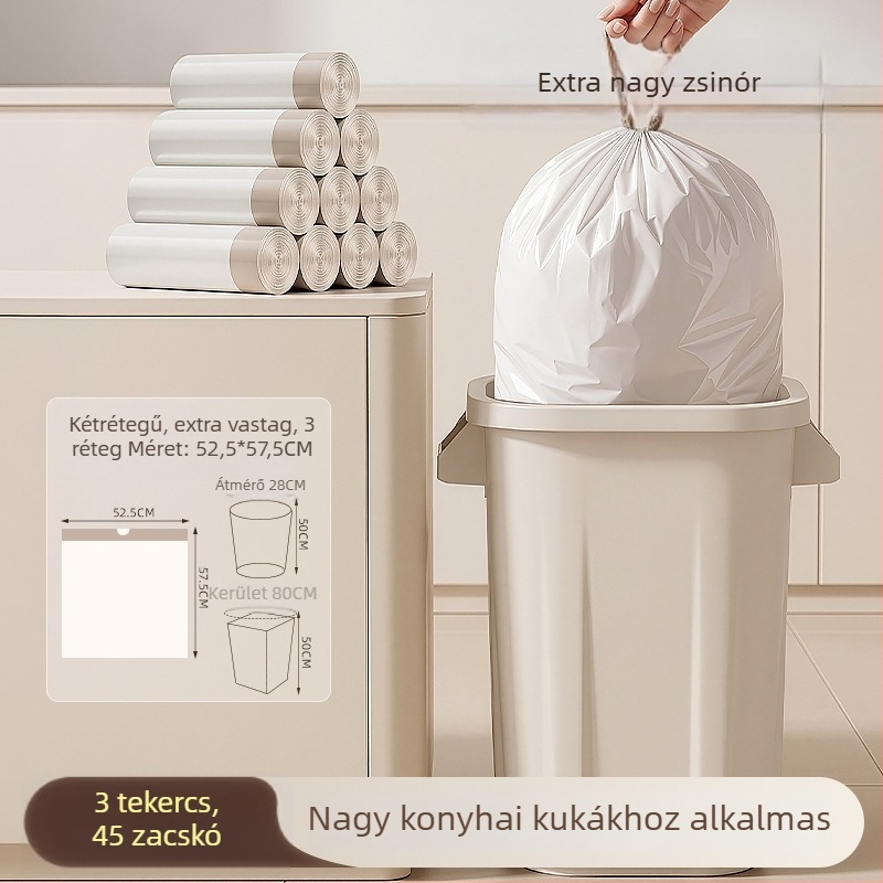 Vastagított szemeteszsákok otthoni használatra, nagy méret, húzózsinóros kivitel, egyszer használatos konyhai zacskók, 3 rétegű műanyag zacskók