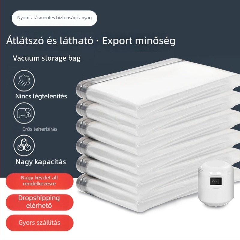 Átlátszó vákuumos tömítő tárolótáska ruhákhoz, dzseki és paplanhoz, kétszínű cipzárral