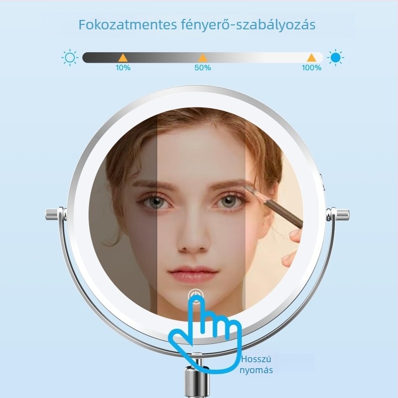 Állítható fém sminktükör, asztali teleszkópos világítással, HD minőségű tükör, újratölthető szépség tükör