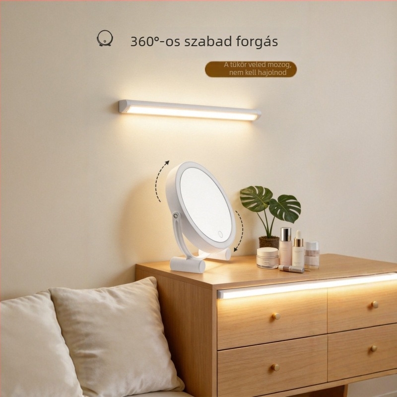 LED smink tükör világítással, 360° kétoldalas forgás, fényerő-szabályozható, hordozható asztali tükör