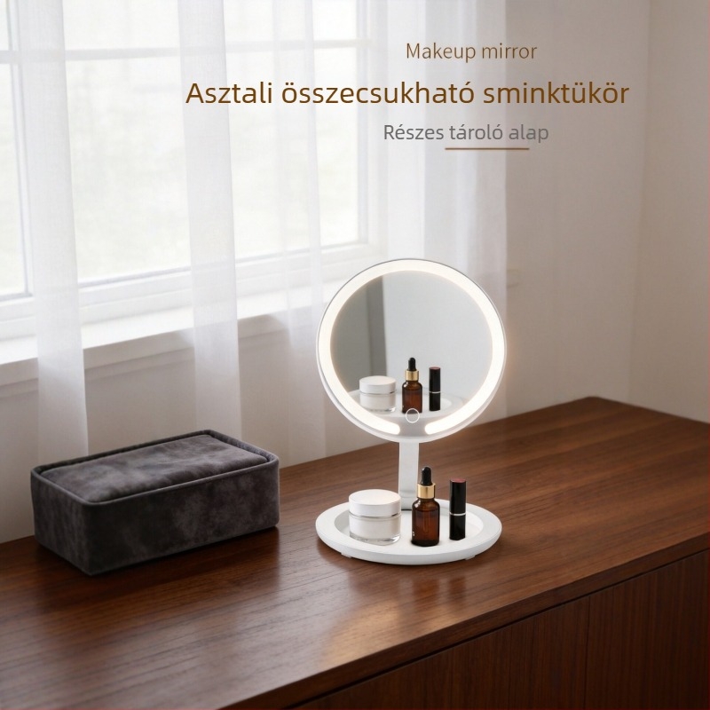 LED sminktükör világítással, összecsukható, állítható fényerő, hordozható asztali tükör