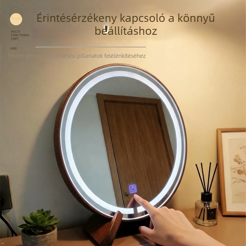 Hengeres sminkasztal tükör LED világítással – asztali smink tükör kollégiumi szobába, modern stílus