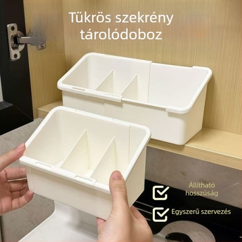 Kinyitható tároló a fürdőszobai tükrös szekrény belsejébe, kozmetikumok, rúzsok és maszkok rendezésére