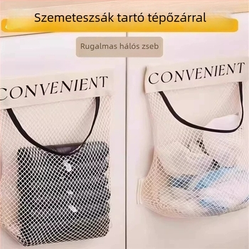 Falihoz rögzíthető konyhai szemeteszsák tároló – nagy kapacitású hálós zseb Velcro-zárással a műanyag zacskókhoz