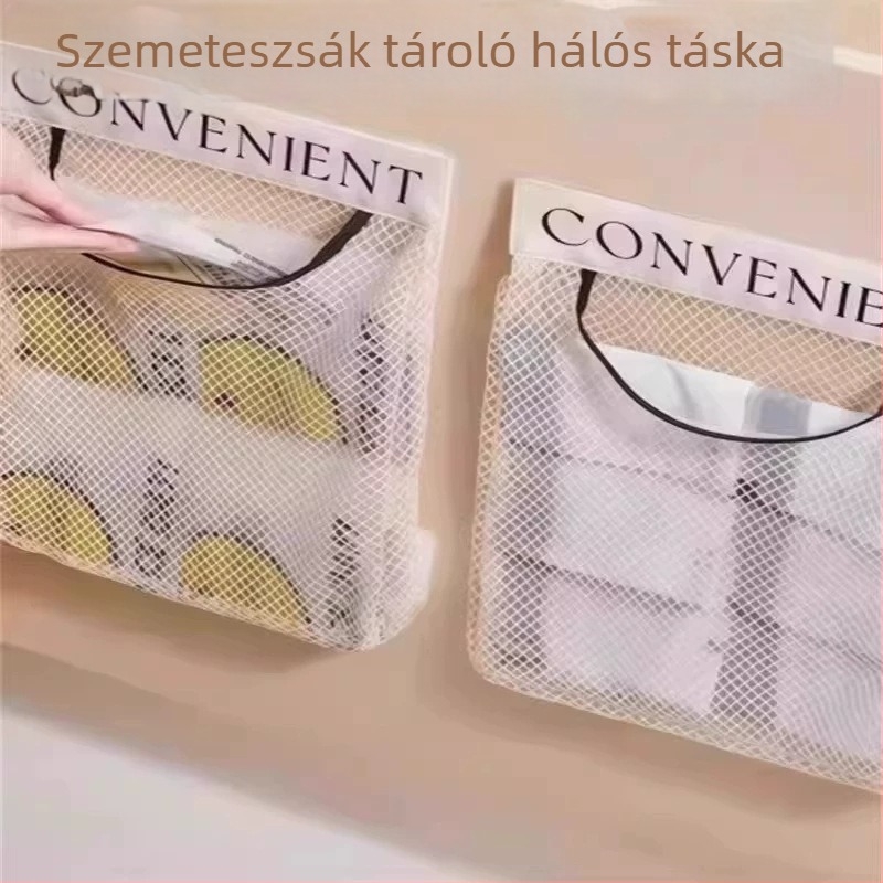Falihoz rögzíthető konyhai szemeteszsák tároló – nagy kapacitású hálós zseb Velcro-zárással a műanyag zacskókhoz