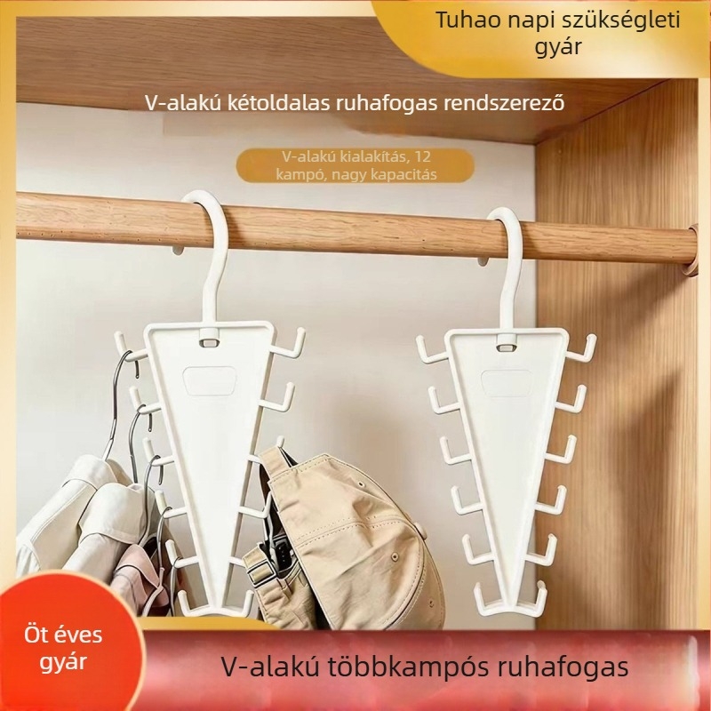 V alakú, kétoldalas tárolóállvány 360°-os forgó ruhakampókkal; moduláris gardróbrendező.