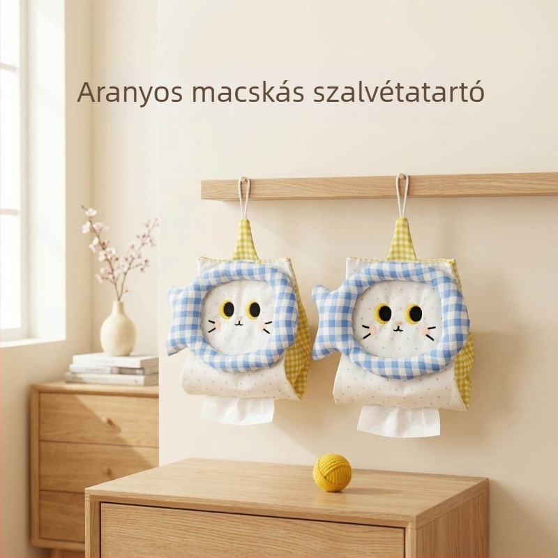 Aranyos macskás zsebkendő-tartó – falra szerelhető, otthonra, nappalira, fürdőbe és autóhoz