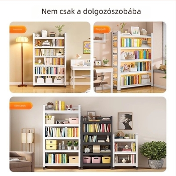 Mozgatható kovácsoltvas gyermek könyvespolc, több szintes, padlón álló, kerékekkel