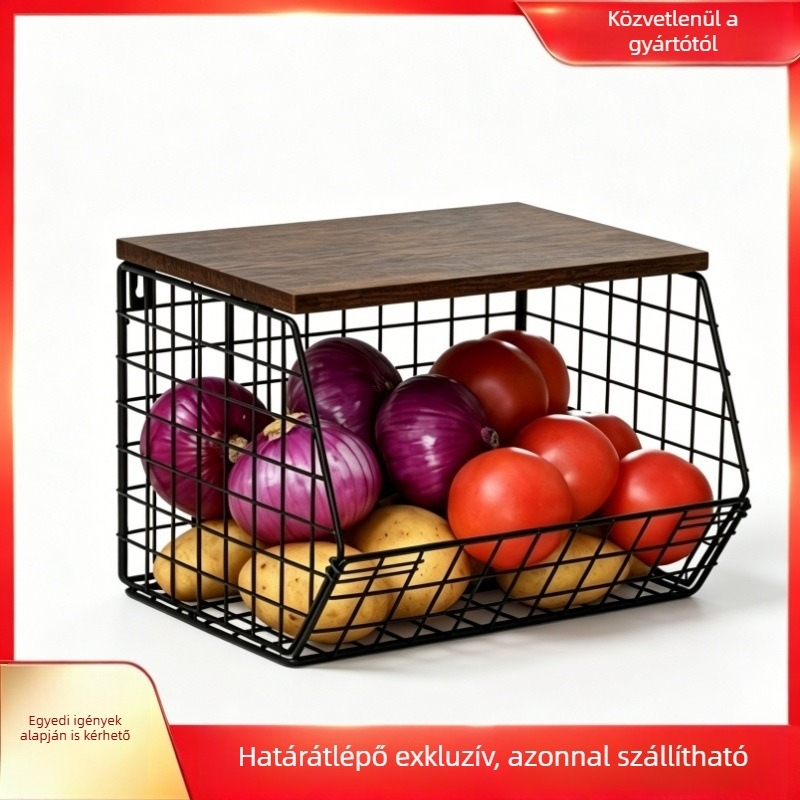 Konyhai fém, többszörös funkciójú gyümölcs- és zöldségtároló kosár, falra szerelhető vagy asztali snack organizer