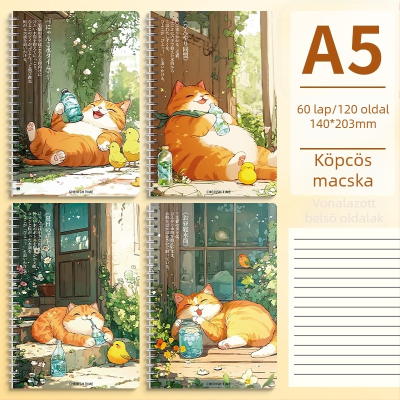 A5-ös spirálfüzet diákoknak, karikatúra dizájn, stílusos megjelenés, vastagított vonalas jegyzetfüzet tanórákra