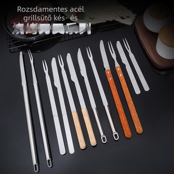 Rozsdamentes acél barbecue kés és villa készlet fa nyéllel és hosszú nyéllel