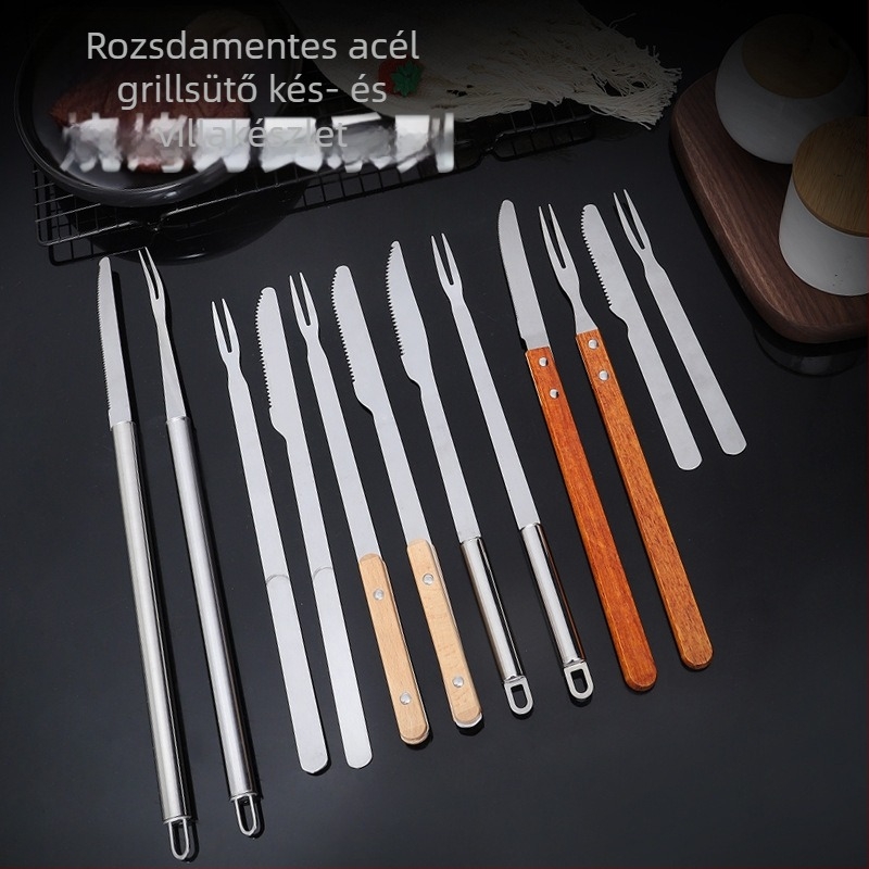 Rozsdamentes acél barbecue kés és villa készlet fa nyéllel és hosszú nyéllel