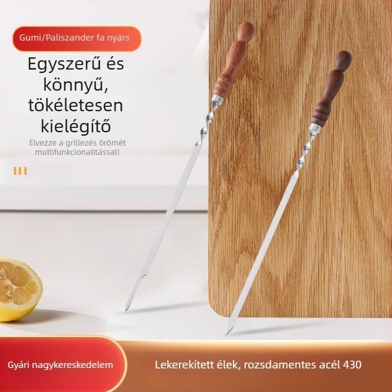 Lapos rozsdamentes acél nyársak körtésfa nyéllel, fényes felülettel, grillhez készült 430-es rozsdamentes acélból, vastag kivitel