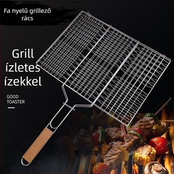 Téglalap alakú grillrács készlet, vastagított rács csirke és hal sütéséhez, fa fogantyúval