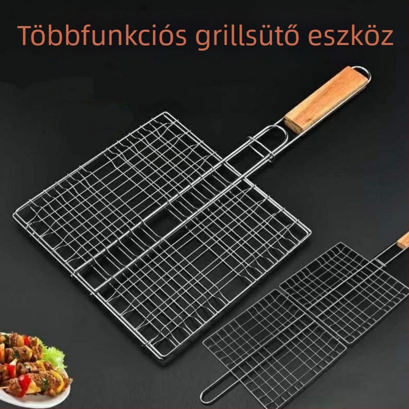 Téglalap alakú grillrács készlet, vastagított rács csirke és hal sütéséhez, fa fogantyúval