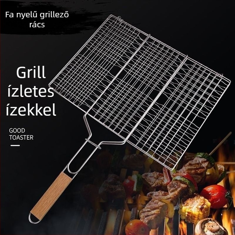 Téglalap alakú grillrács készlet, vastagított rács csirke és hal sütéséhez, fa fogantyúval