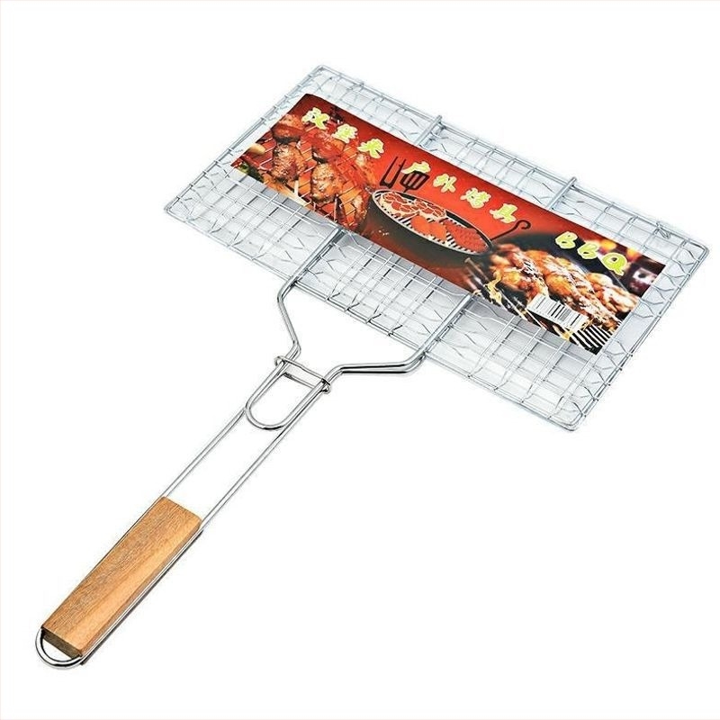 Téglalap alakú grillrács készlet, vastagított rács csirke és hal sütéséhez, fa fogantyúval