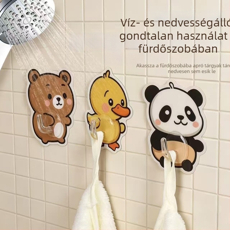 Édes karikatúra öntapadós horog fürdőszobába, vízálló, fúrás nélkül, nyom nélkül, Panda-Kacsa-Medve mintával, kreatív falis tárolás