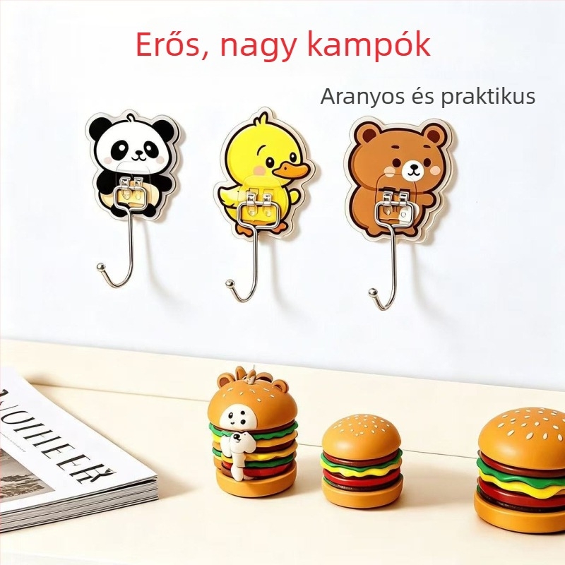 Édes karikatúra öntapadós horog fürdőszobába, vízálló, fúrás nélkül, nyom nélkül, Panda-Kacsa-Medve mintával, kreatív falis tárolás