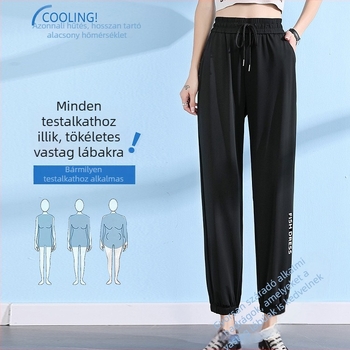 Ice Silk női casual nadrág, lazán szabott, cropped jogger, fekete, gyorsan száradó, harém stílus
