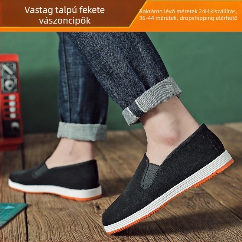 Légáteresztő vászon slip-on férfiak és nők számára – mindennapi, vezetési és munkacipő, többrétegű talppal, fekete