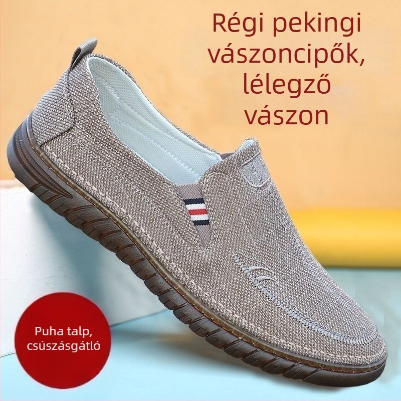 Férfi légáteresztő vászon slip-on cipő, kerek orrú, puha talpú, kényelmes mindennapi viselet