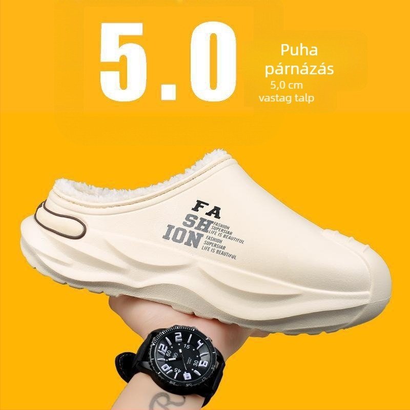 Téli férfi papucs fleece béléssel, vastag talppal, megnövelt magasságú, vízálló és csúszásmentes