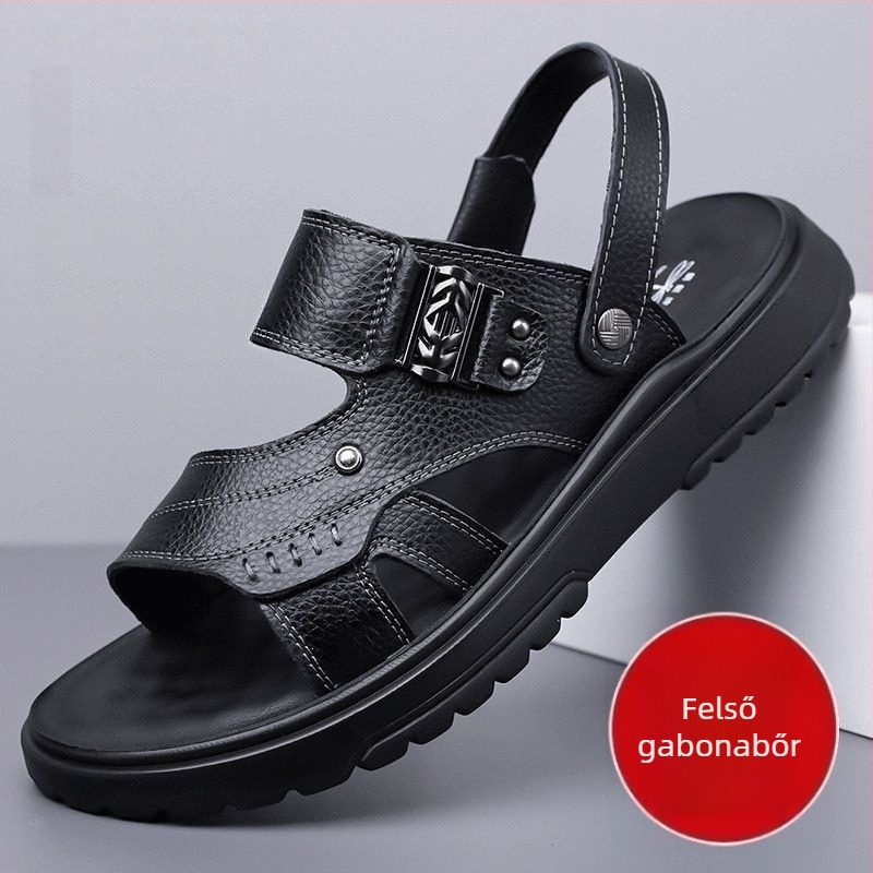 Első osztályú marhabőrből készült férfi szandál, csúszásmentes, kopásálló, nyitott orrú, strand-szandál, légáteresztő, kényelmes, puha talppal, kétirányú viselés