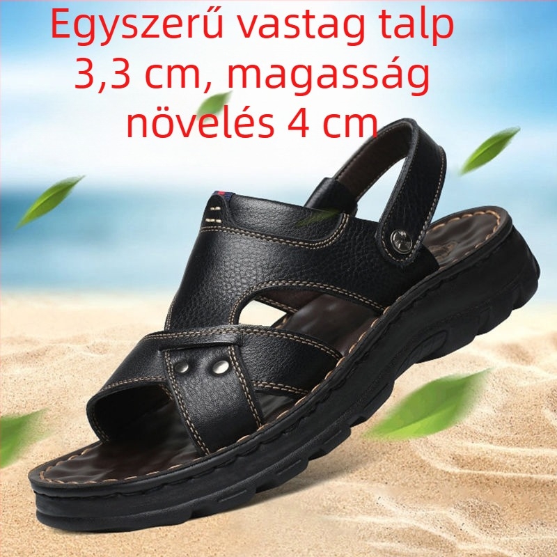 Férfi bőrből készült egyszerű üzleti-casual szandál, puha talppal, vastag talppal a magasság növeléséért, vízálló és kopásálló strandszandál magas sarokkal