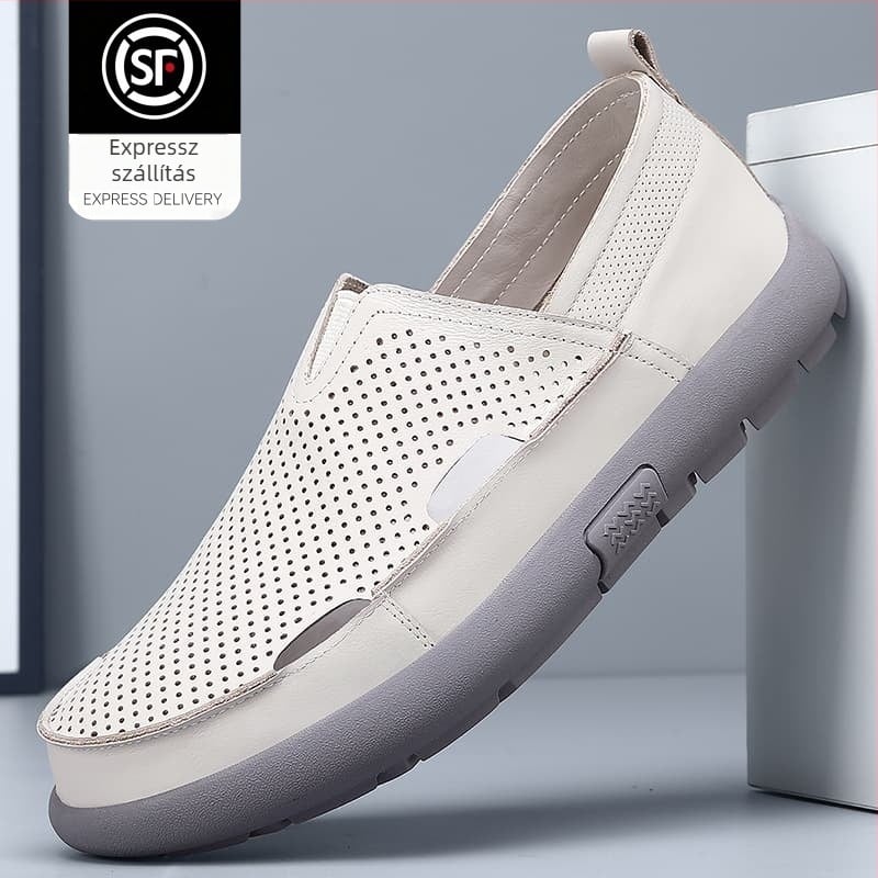 Férfi nyári bőrszandál perforált mintával, slip-on, puha talp, csúszásmentes