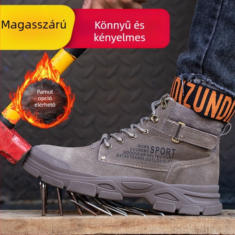 Férfi munkavédelmi cipő acélsarokkal, ütés- és áthatolás elleni védelemmel, magas szárú téli bőr velúr bélés