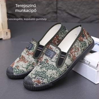 Férfi vászon slip-on cipő, légáteresztő, csúszásmentes talp, camuflázn mintázat, kopásálló gumitalp