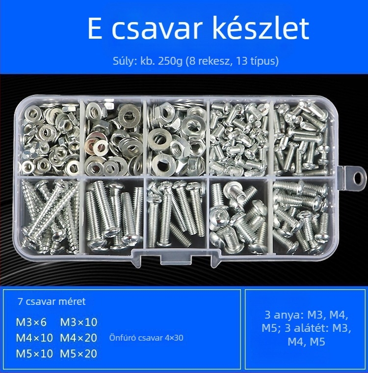 Háztartási hardver-kiegészítők készlet: csavarok, anyák, alátétek, önmetsző csavarok