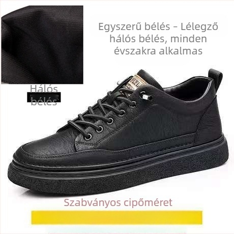 Férfi bőr sneakers, mindennapi viselet, alacsony felső rész, puha talp, koreai stílus, fekete