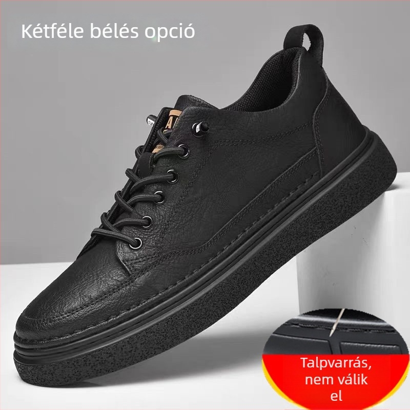 Férfi bőr sneakers, mindennapi viselet, alacsony felső rész, puha talp, koreai stílus, fekete