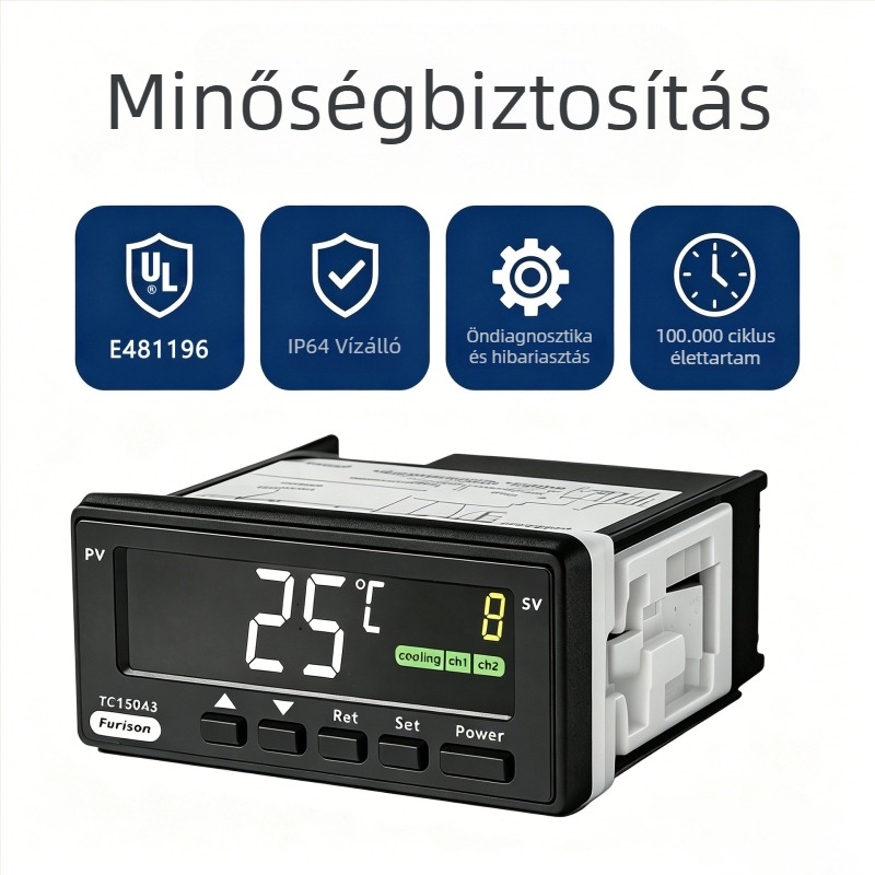 TC150A3 hőmérséklet-szabályozó termosztát hűtésre és fűtésre, két üzemmódú panelre szerelhető, digitális kijelző