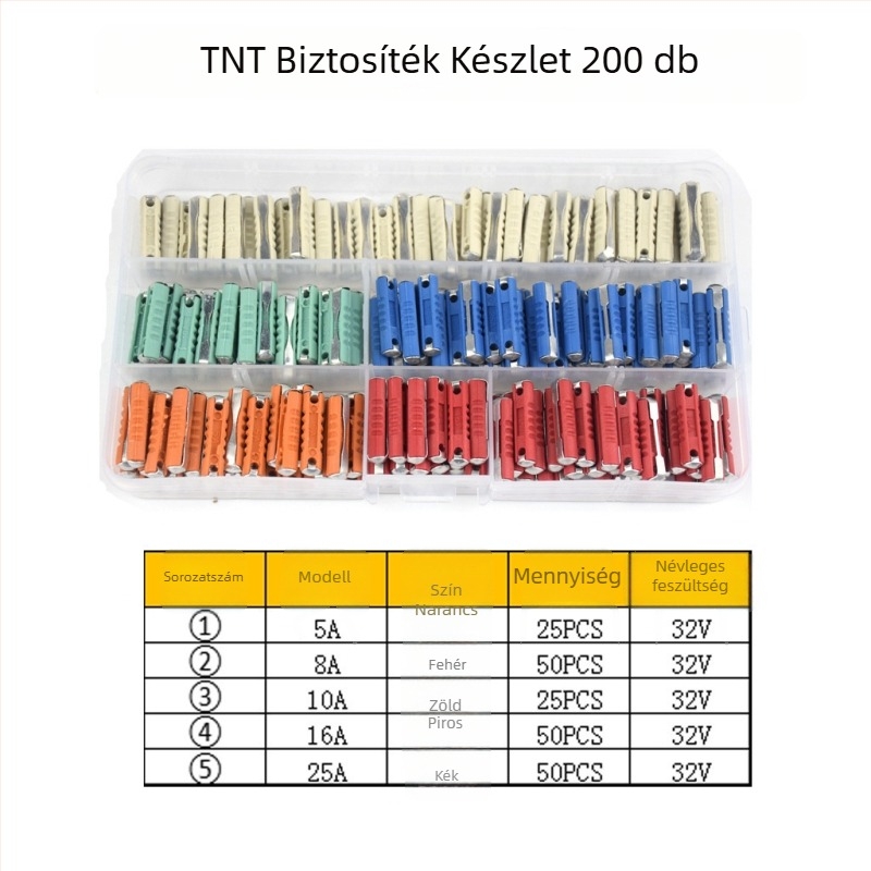 200 darab autóipari biztosítékkészlet torpedó alakú dobozban