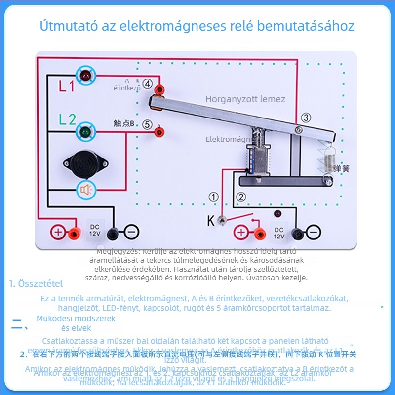 Fizika oktatásához tervezett elektromágneses relé bemutató panel — normálisan nyitott és normálisan zárt áramkörök