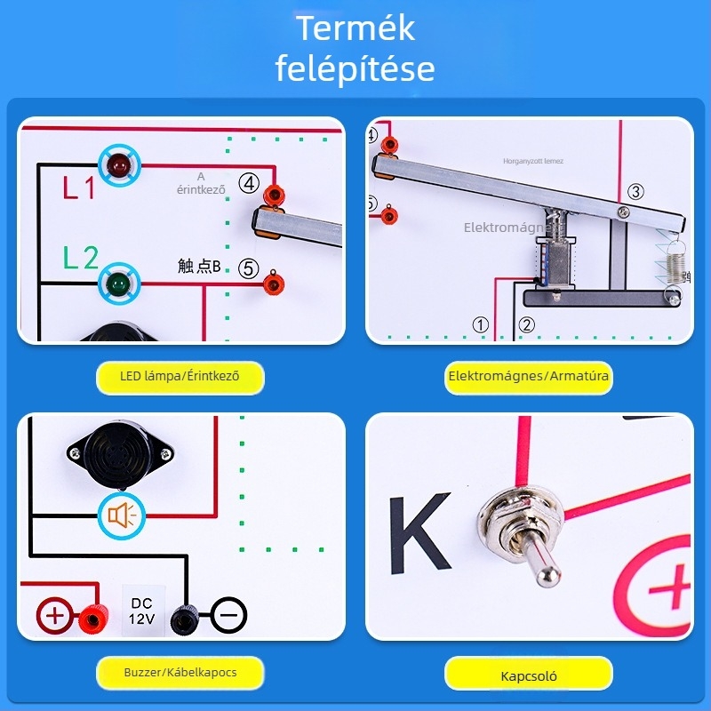 Fizika oktatásához tervezett elektromágneses relé bemutató panel — normálisan nyitott és normálisan zárt áramkörök