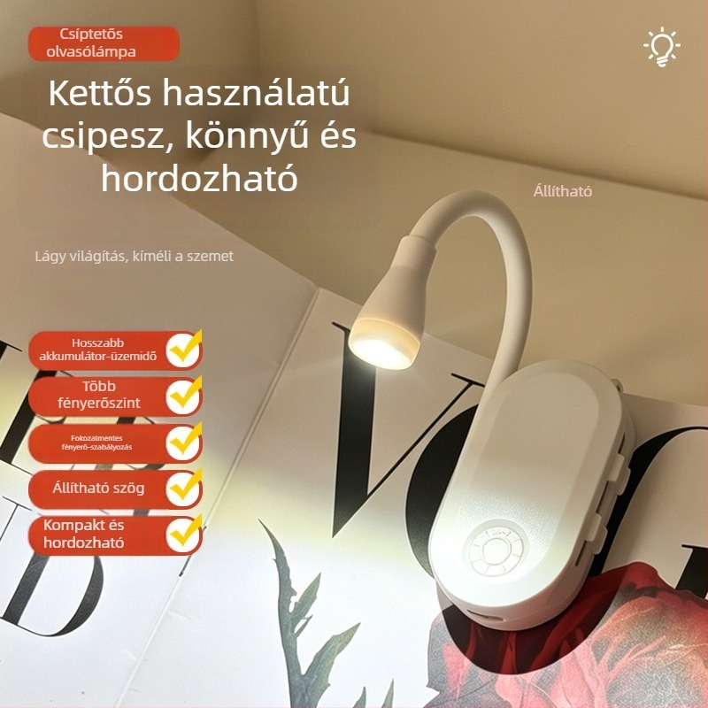 USB újratölthető csiptetős asztali lámpa, kétfunkciós, lágy LED szemvédő fény, olvasáshoz és tanuláshoz