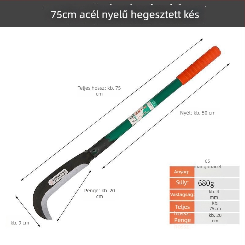 Hegesztett hosszú nyelű machete erdőgazdálkodáshoz, tűzoltáshoz és kertészeti feladatokhoz; mezőgazdasági fa- és tűzifa vágó machete