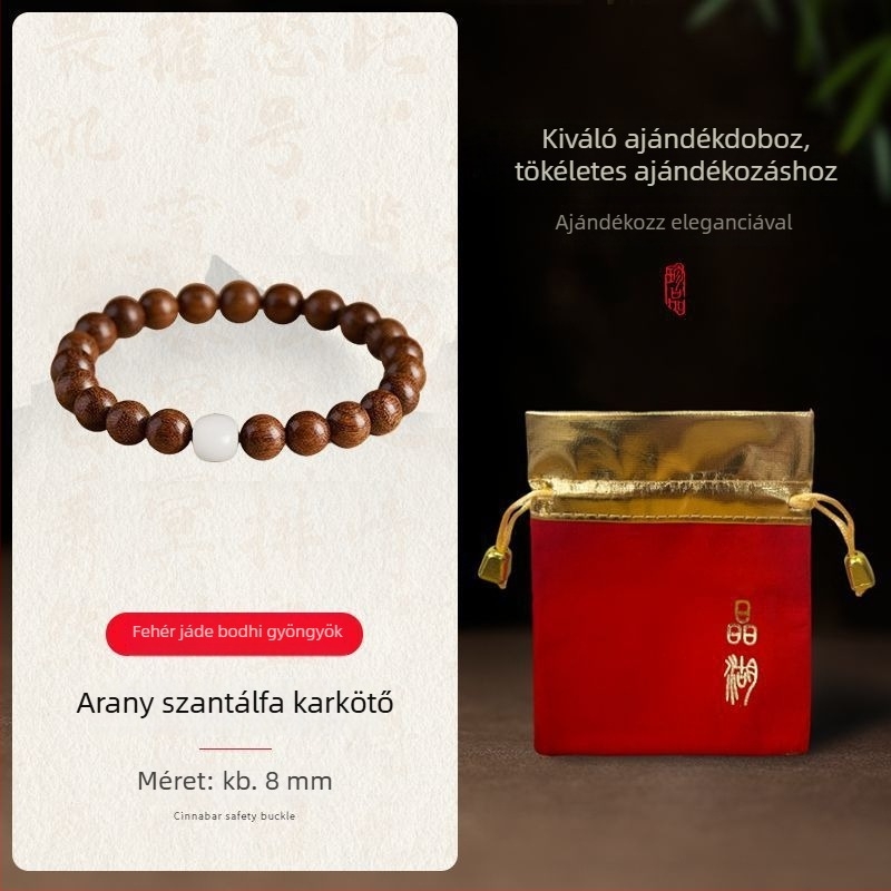 Prémium arany szantálfa karkötő fehér jade Bodhi gyöngyökkel, természetes kézi készítés, 10mm, 120 darabos készlet