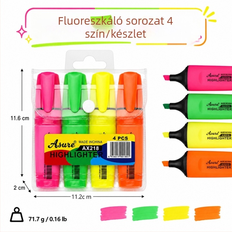 Diákoknak készült fluoreszkáló tollkészlet jegyzetelésre, kulcspontok kiemelésére és színes rajzolásra