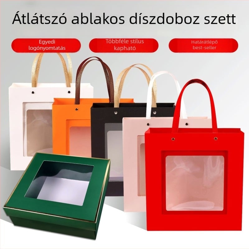 Átlátszó ablakos ajándéktartó doboz kivágott mintával, fehér átlátszó kézitáska, összecsukható doboz
