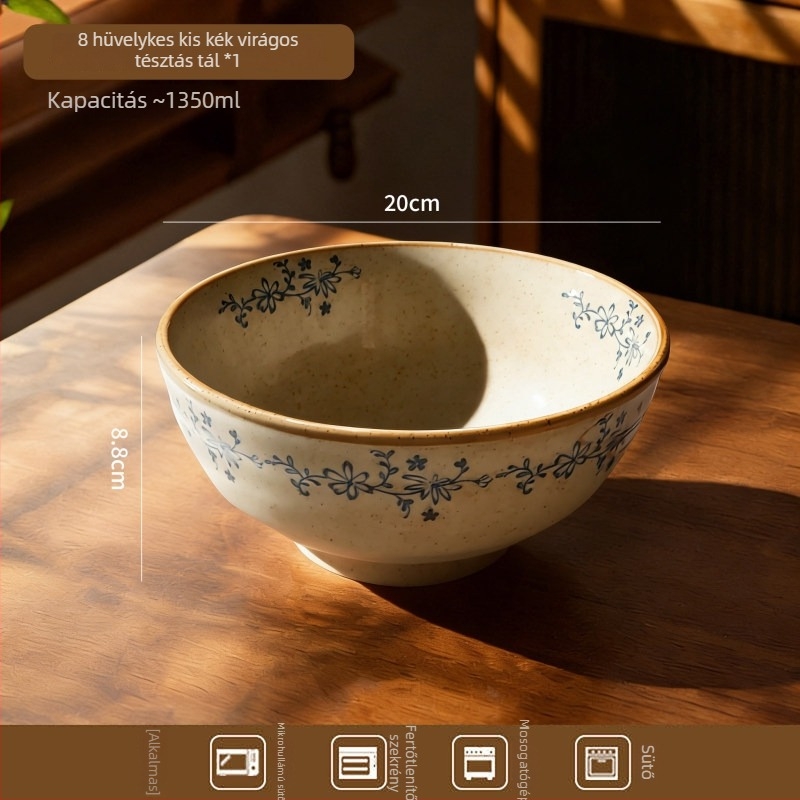 Underglazes kerámia étkészlet, vintage stílusú, virágmintás, rizs-, leves- és tészta tálak, Ø 10–10.9 cm, otthoni használatra