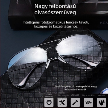 HD Focus olvasószemüveg presbiopiarra, kerek vintage keret, fotokromikus lencsék, távolra és közelre egyaránt használható, idős férfiak számára