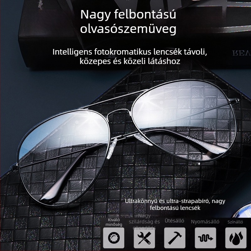 HD Focus olvasószemüveg presbiopiarra, kerek vintage keret, fotokromikus lencsék, távolra és közelre egyaránt használható, idős férfiak számára